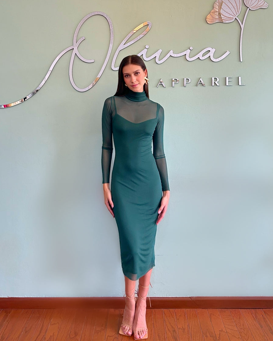 Mock Neck Mesh Dress in Hunter Green