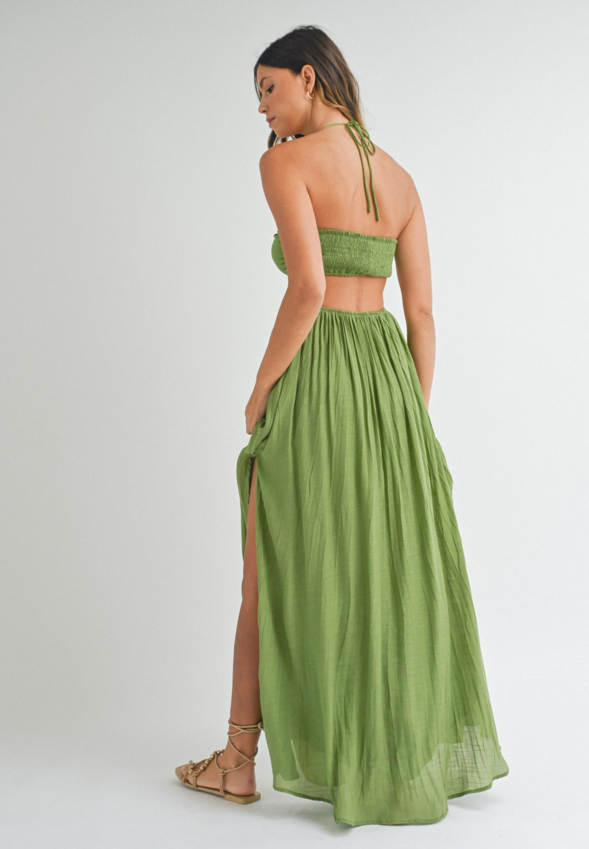 Halter Neck Cut Out Dress in Green