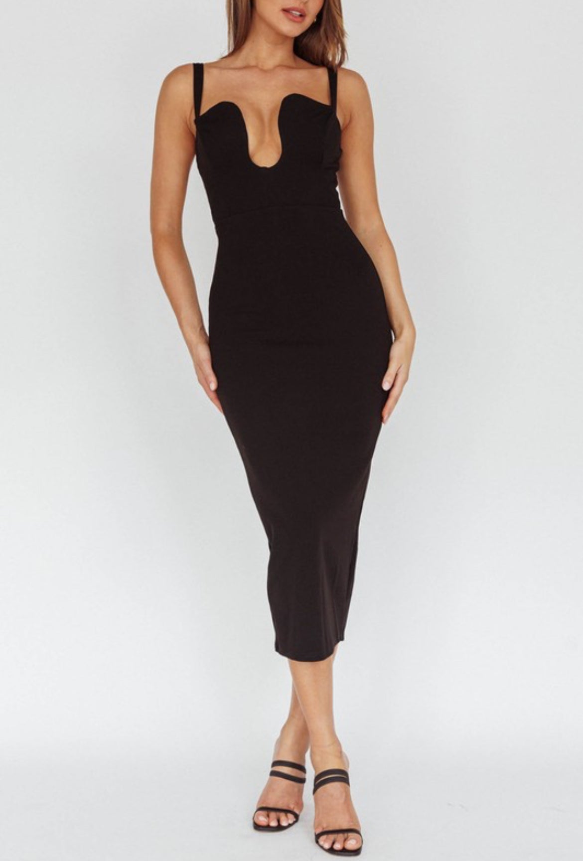 U Shaped Neck Midi Dress in Black