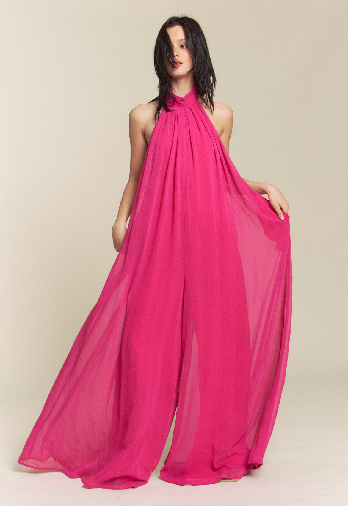 Mock Neck Halter Jumpsuit in Bright Pink