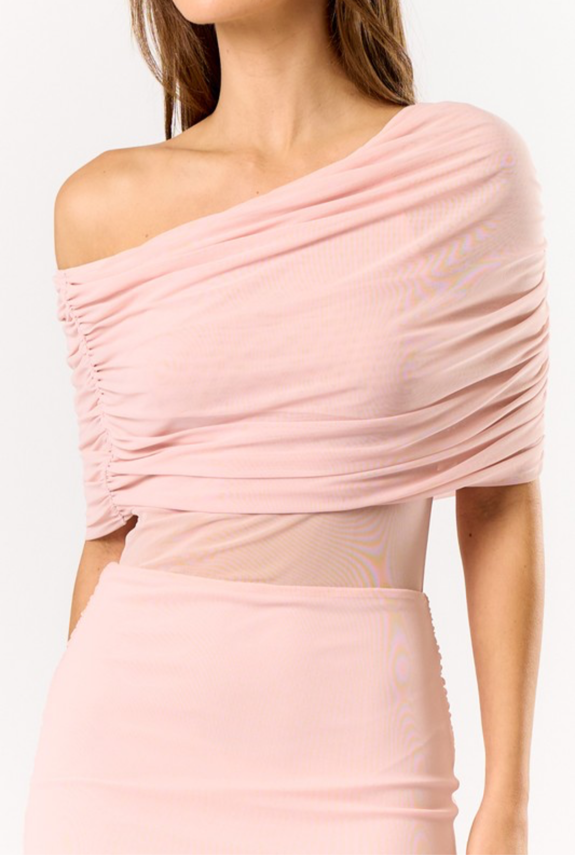 Ruched One Shoulder Dress in Baby Pink