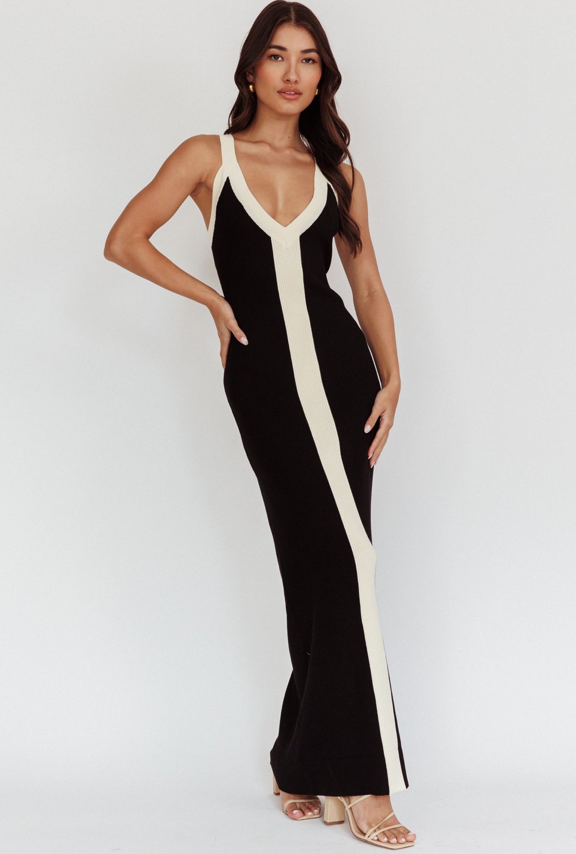 Two Tone  Knit Maxi Dress Beige Stripe