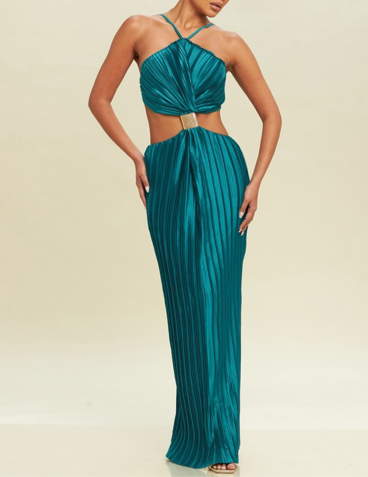 Pleated Dress Golden Detail in Teal