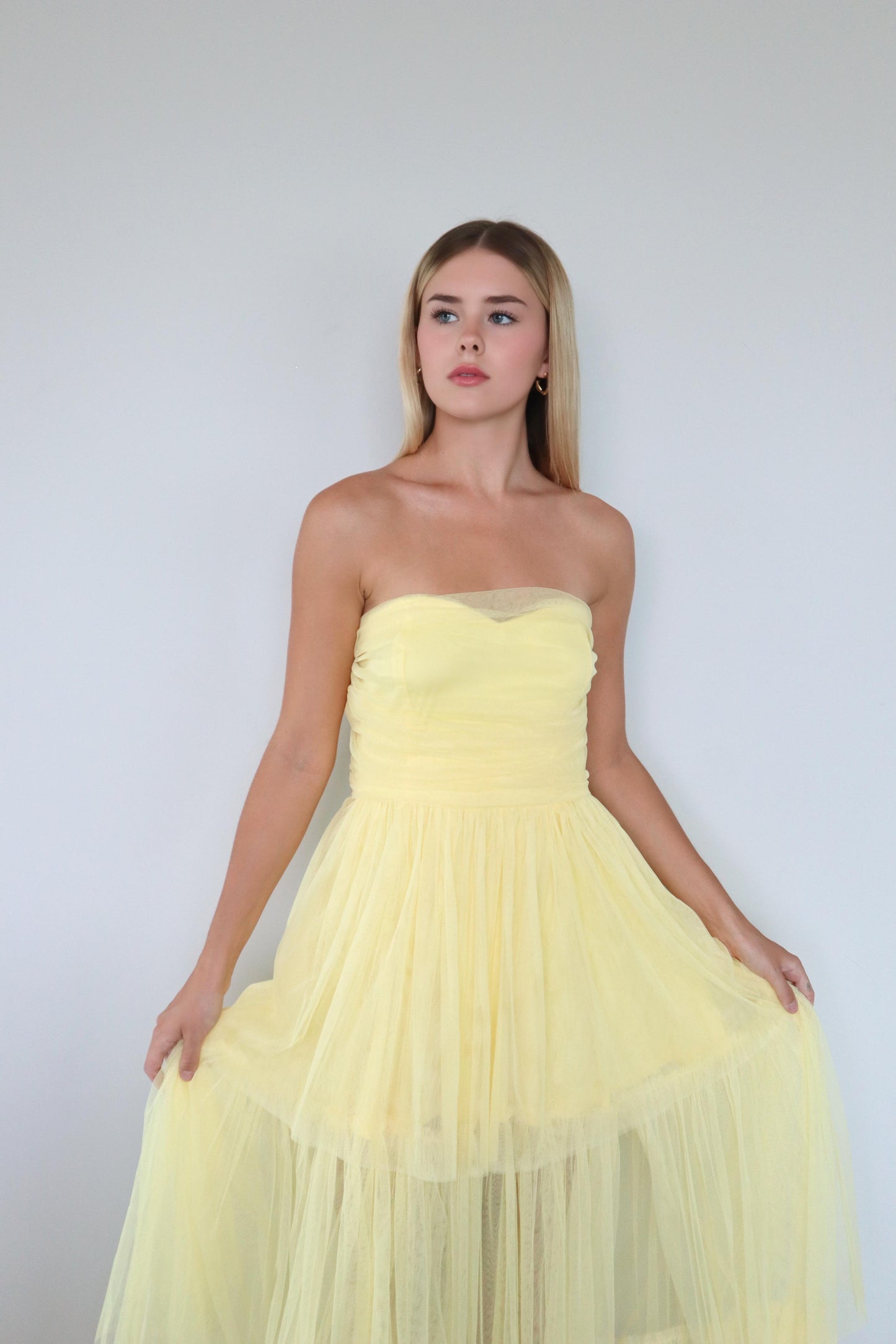 Strapless Mesh Maxi Dress in Yellow