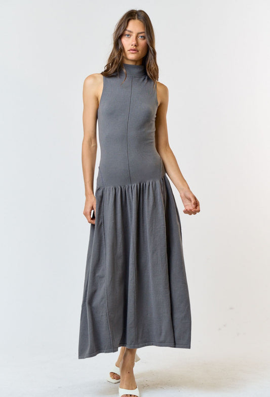 Mock Neck Sleeveless Maxi Dress in Gray