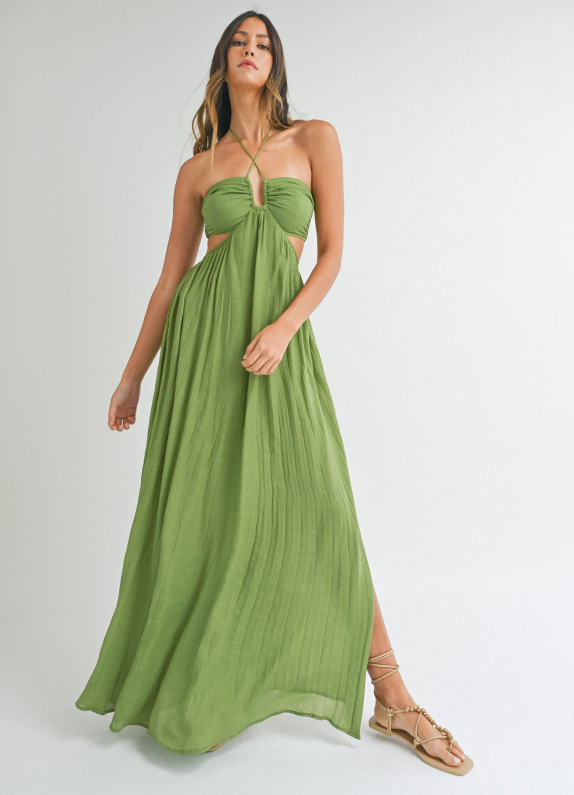 Halter Neck Cut Out Dress in Green