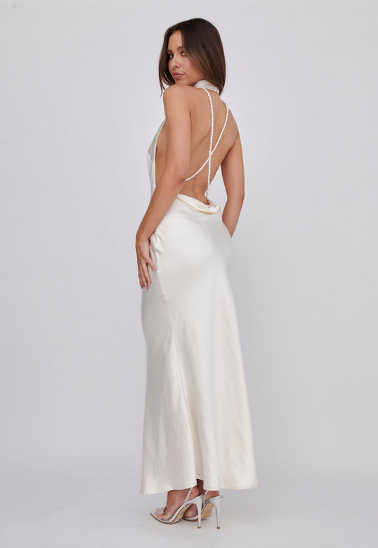 Pearl Strap Backless Dress in White