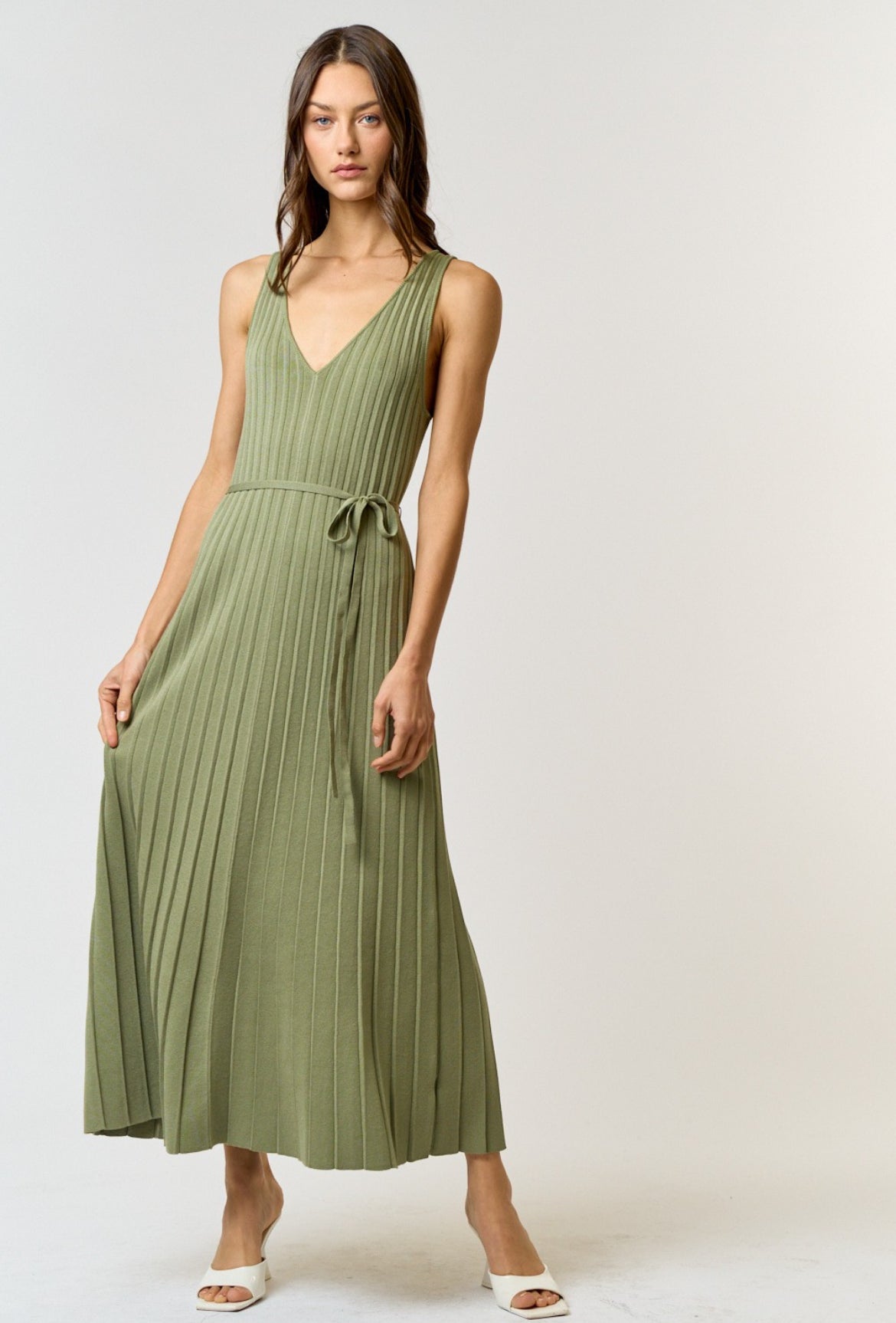 V Neck Knit Dress in Olive Green