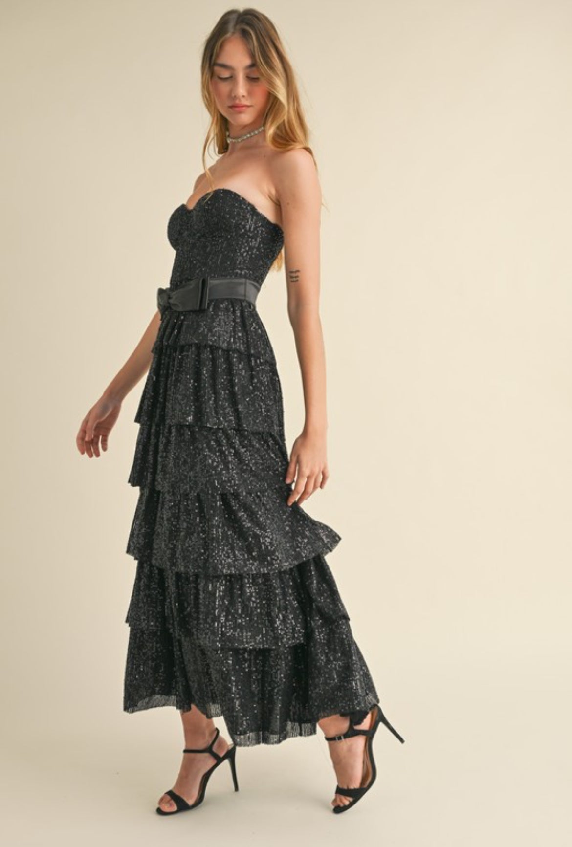 Strapless Sequin Ruffle Dress in Black