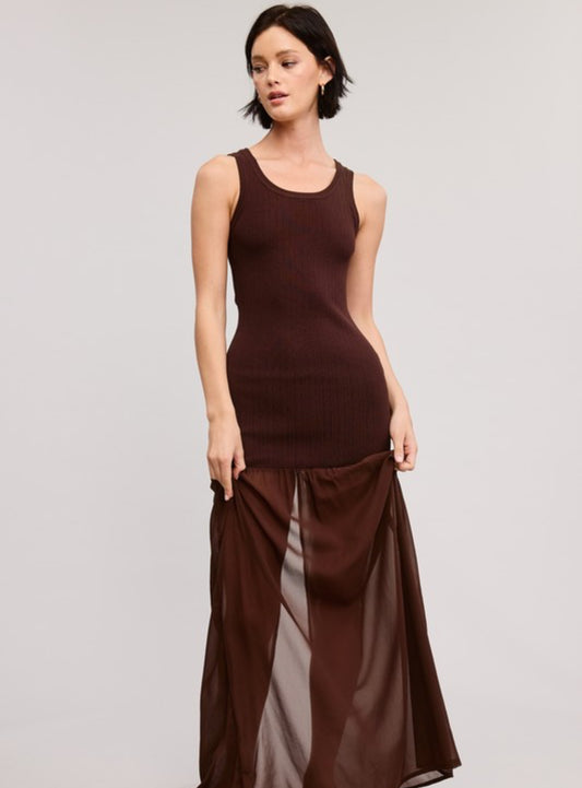 Tank knit dress and Sheer skirt Dress in Brown