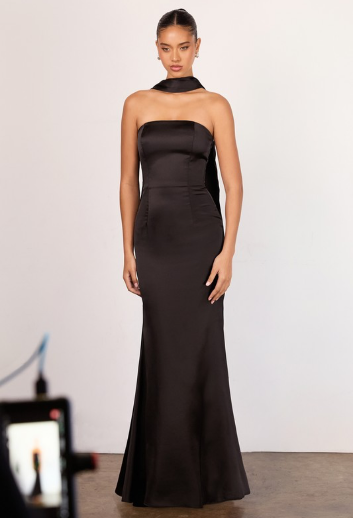 Strapless Satin Dress with Scarf in Black