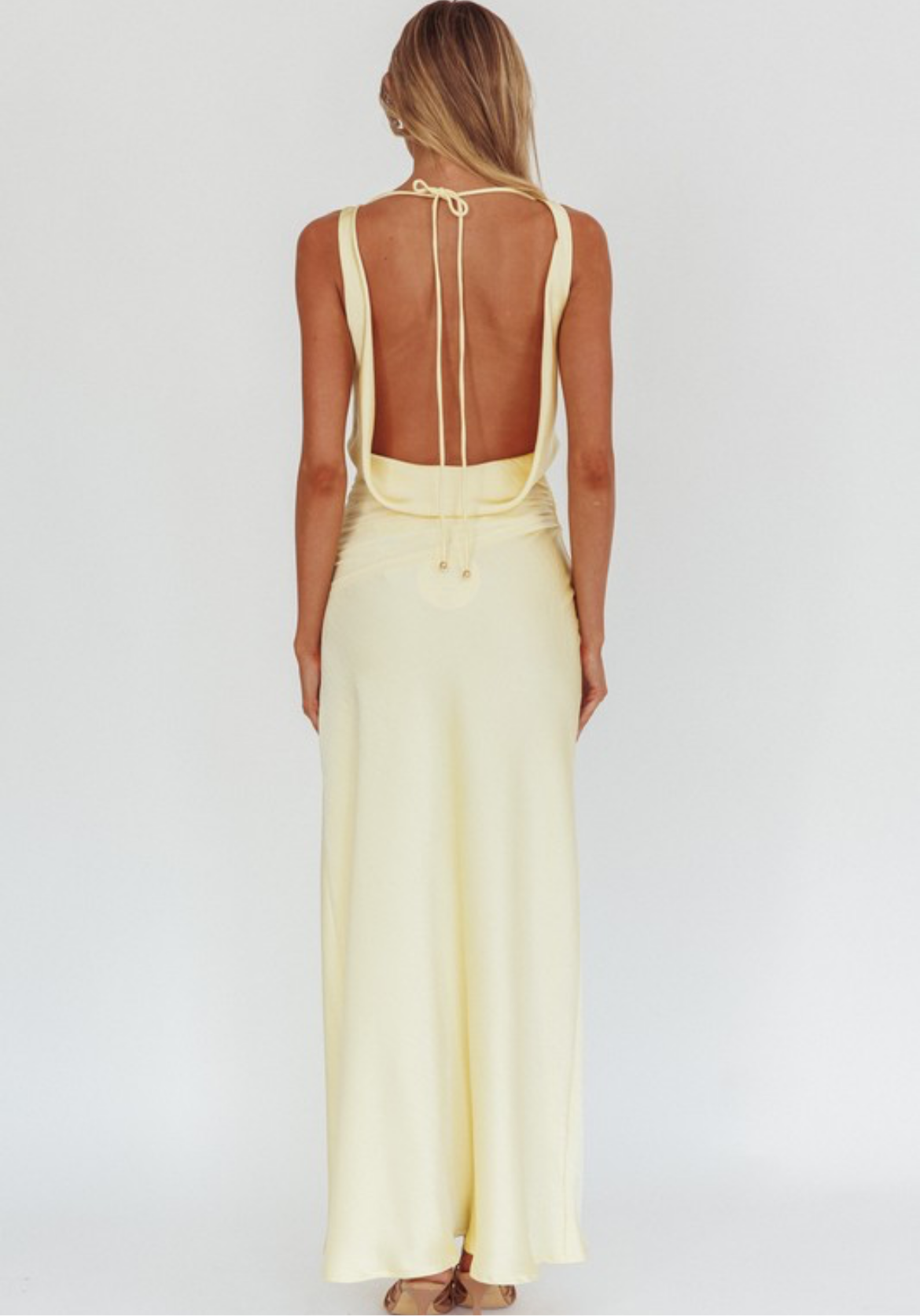 Open Back Satin Dress in Butter Yellow