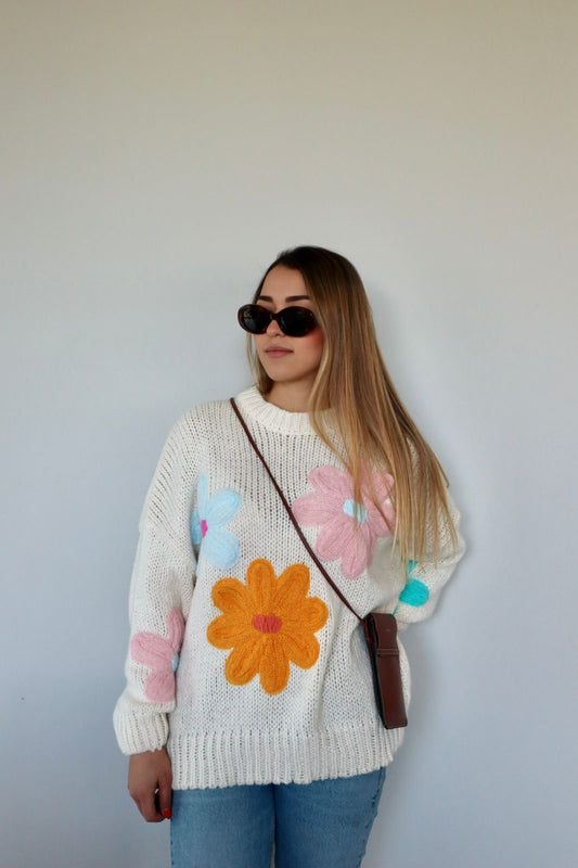 Oversized Knit Flower Sweater