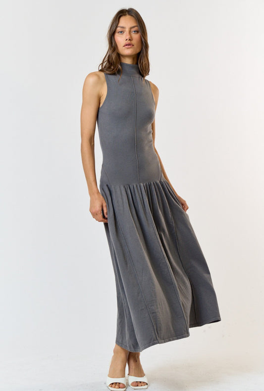 Mock Neck Sleeveless Maxi Dress in Gray