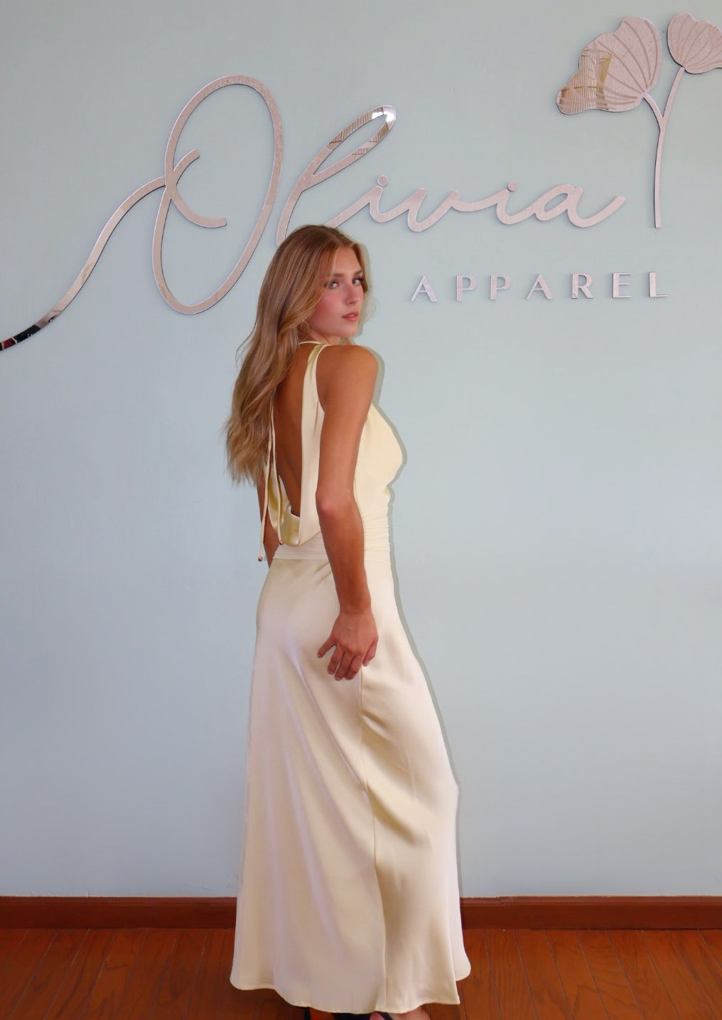 Open Back Satin Dress in Butter Yellow