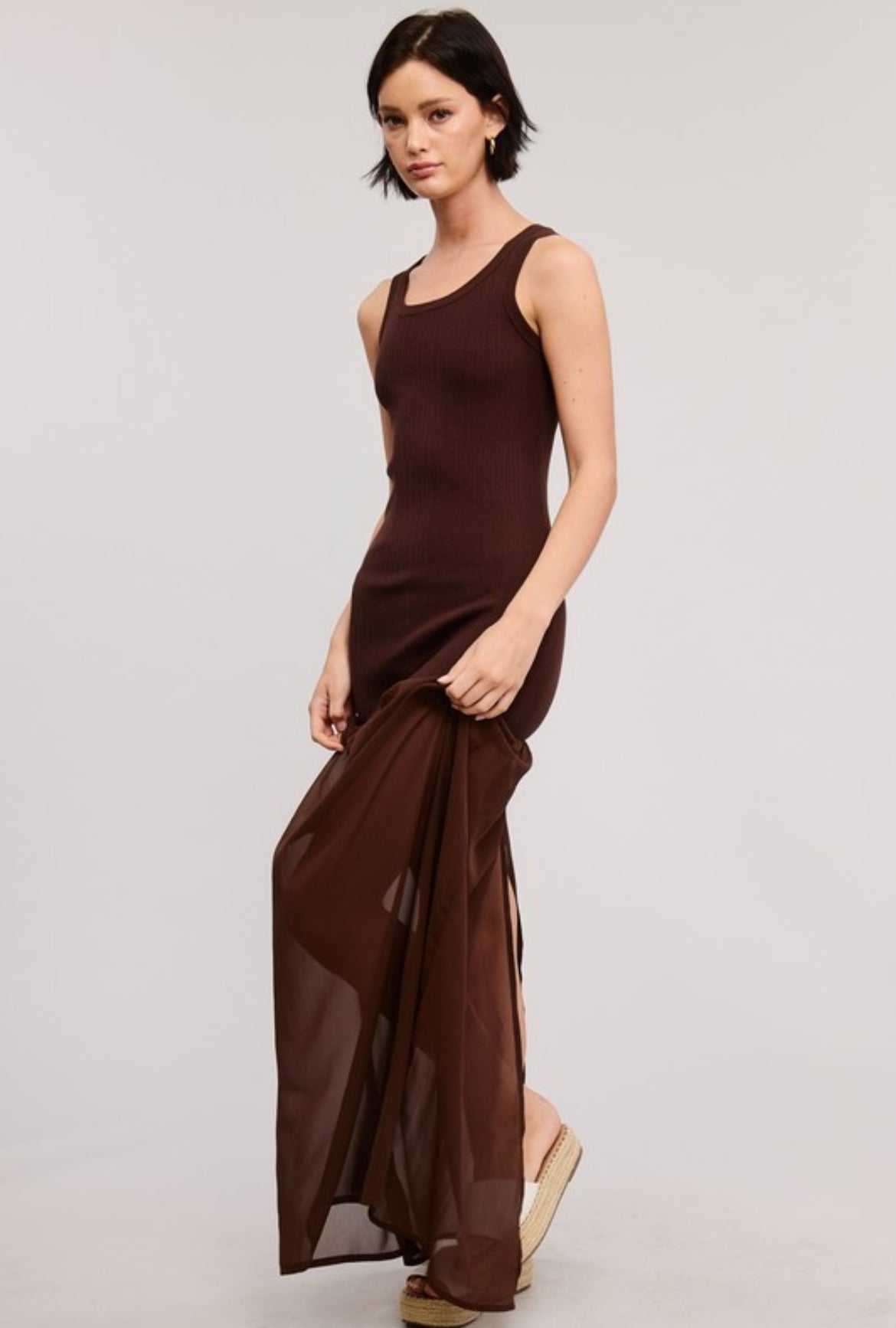 Tank knit dress and Sheer skirt Dress in Brown