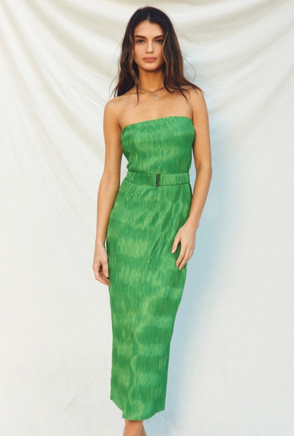 Pleated Strapless Dress in Green