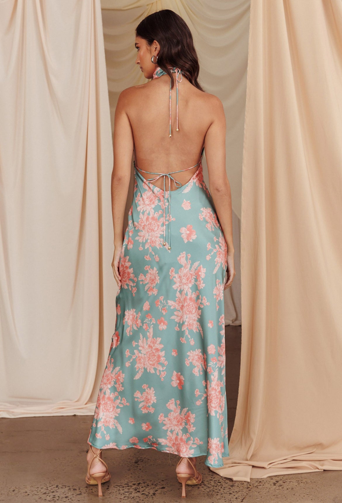 Halter Open Back Midi Dress with Pink Flowers