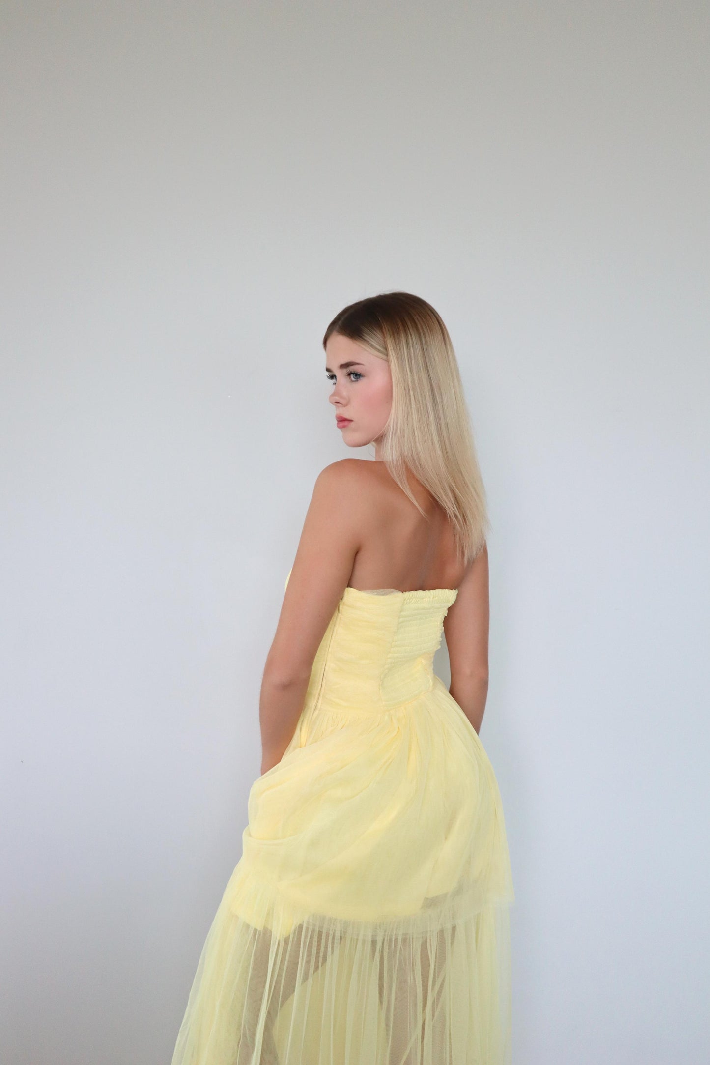 Strapless Mesh Maxi Dress in Yellow