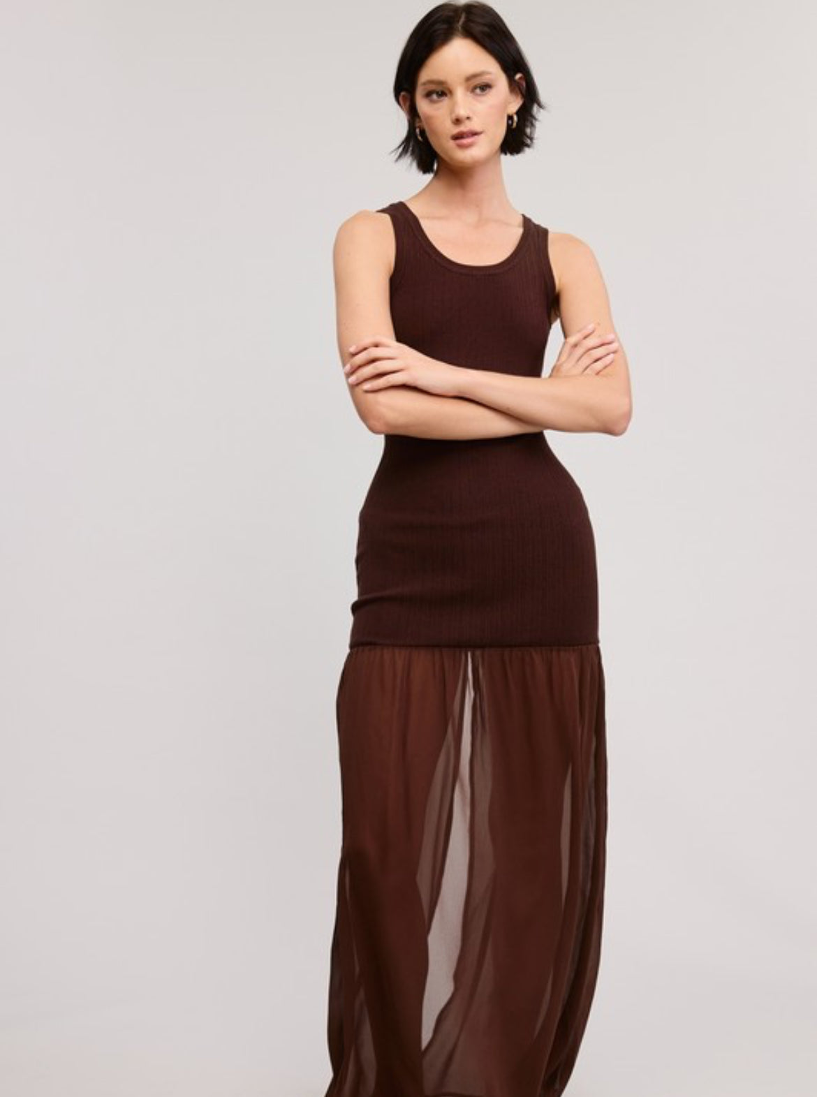 Tank knit dress and Sheer skirt Dress in Brown