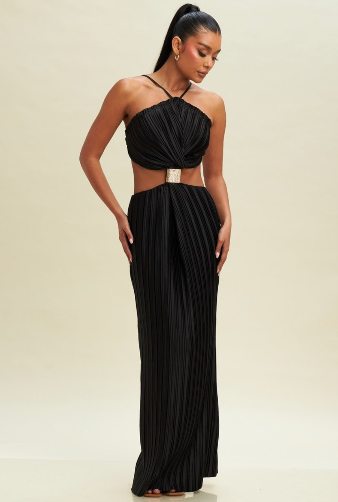 Pleated Gold Dress in Black