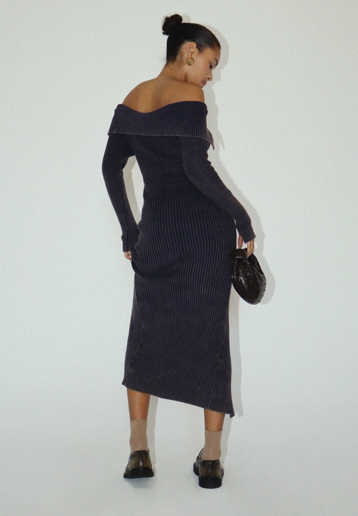 Off Shoulder Knit Dress in Dark Blue