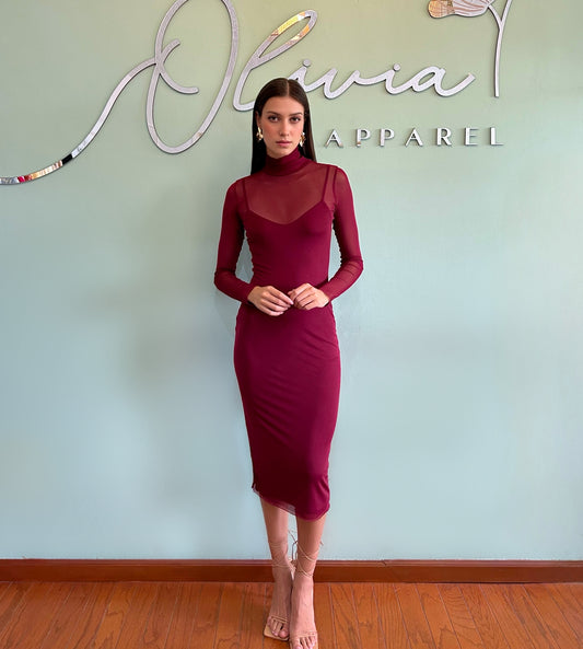 Mock Neck Mesh Dress in Burgundy