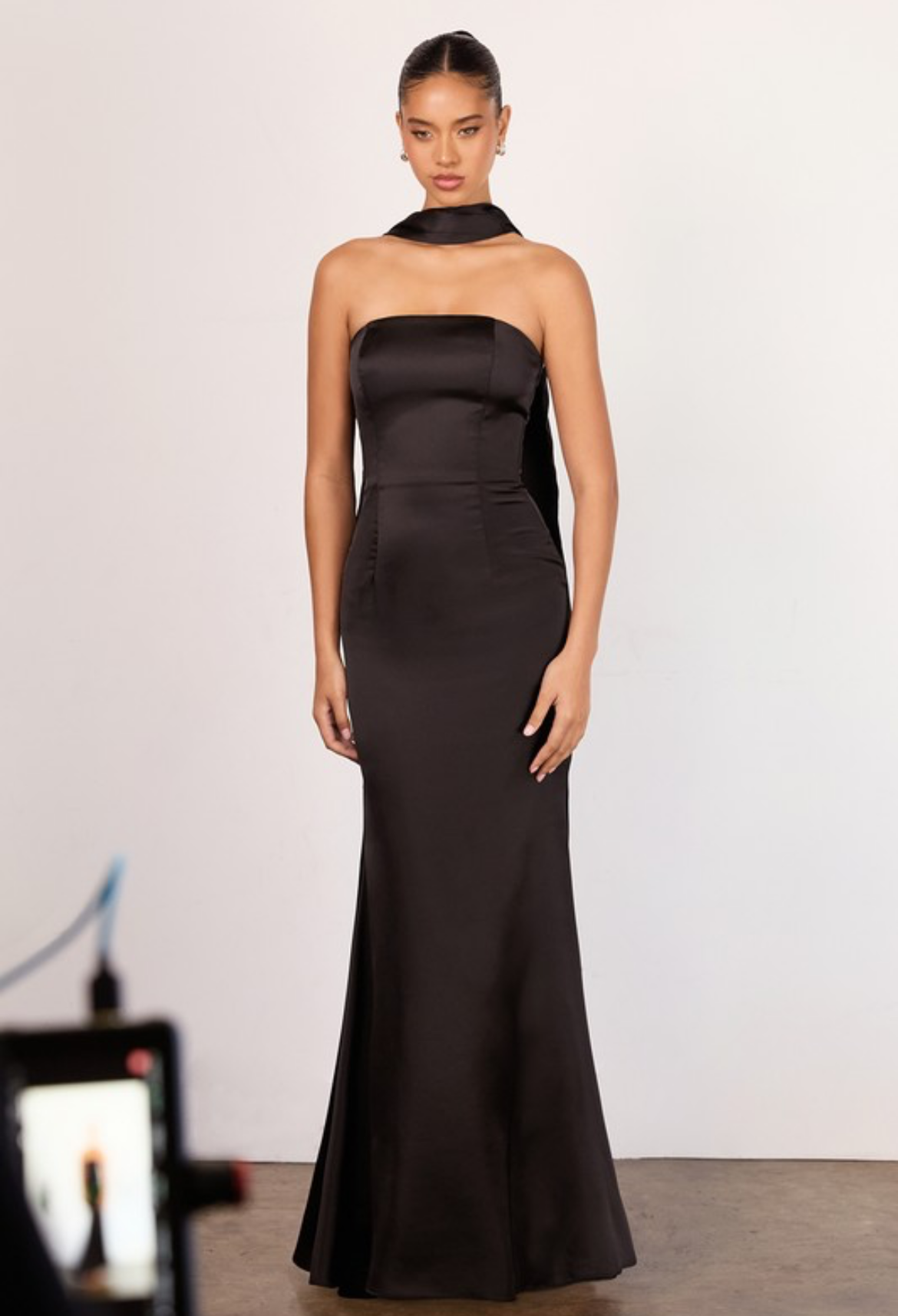 Strapless Satin Dress with Scarf in Black