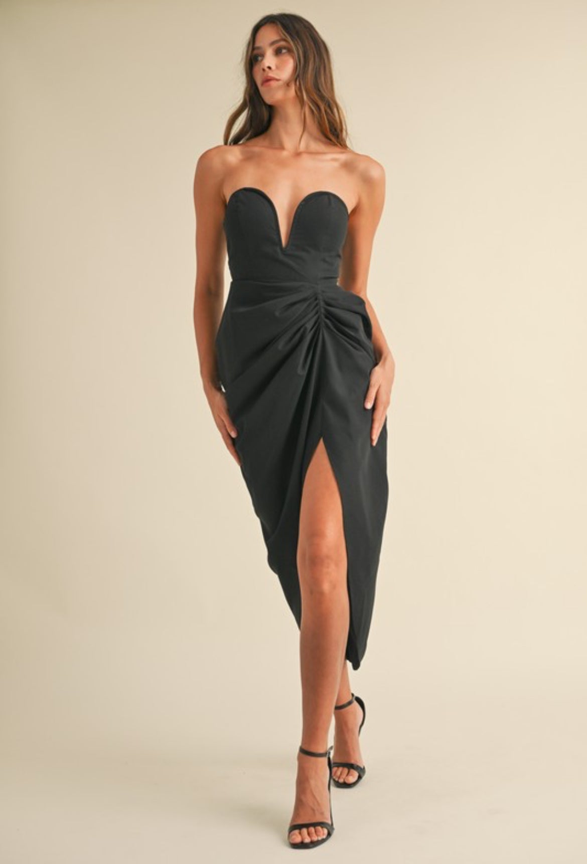 Strapless Drape Midi Dress in Black