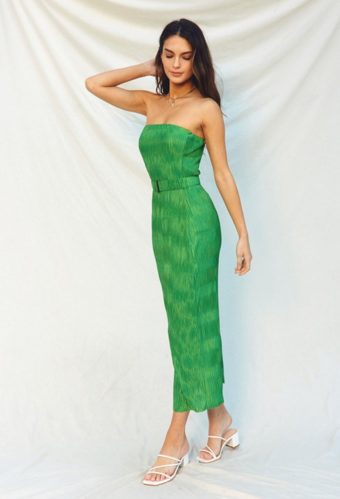 Pleated Strapless Dress in Green