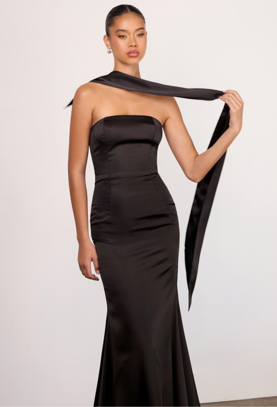 Strapless Satin Dress with Scarf in Black