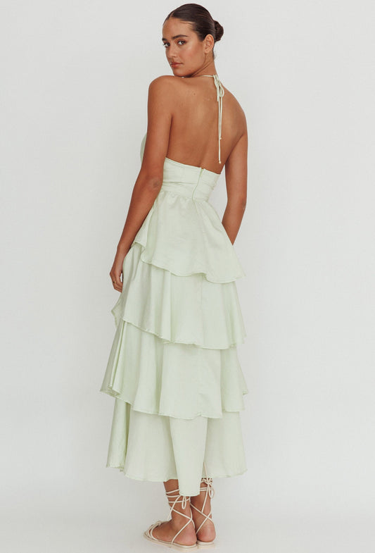 Open back Ruffled Maxi Dress in light Sage