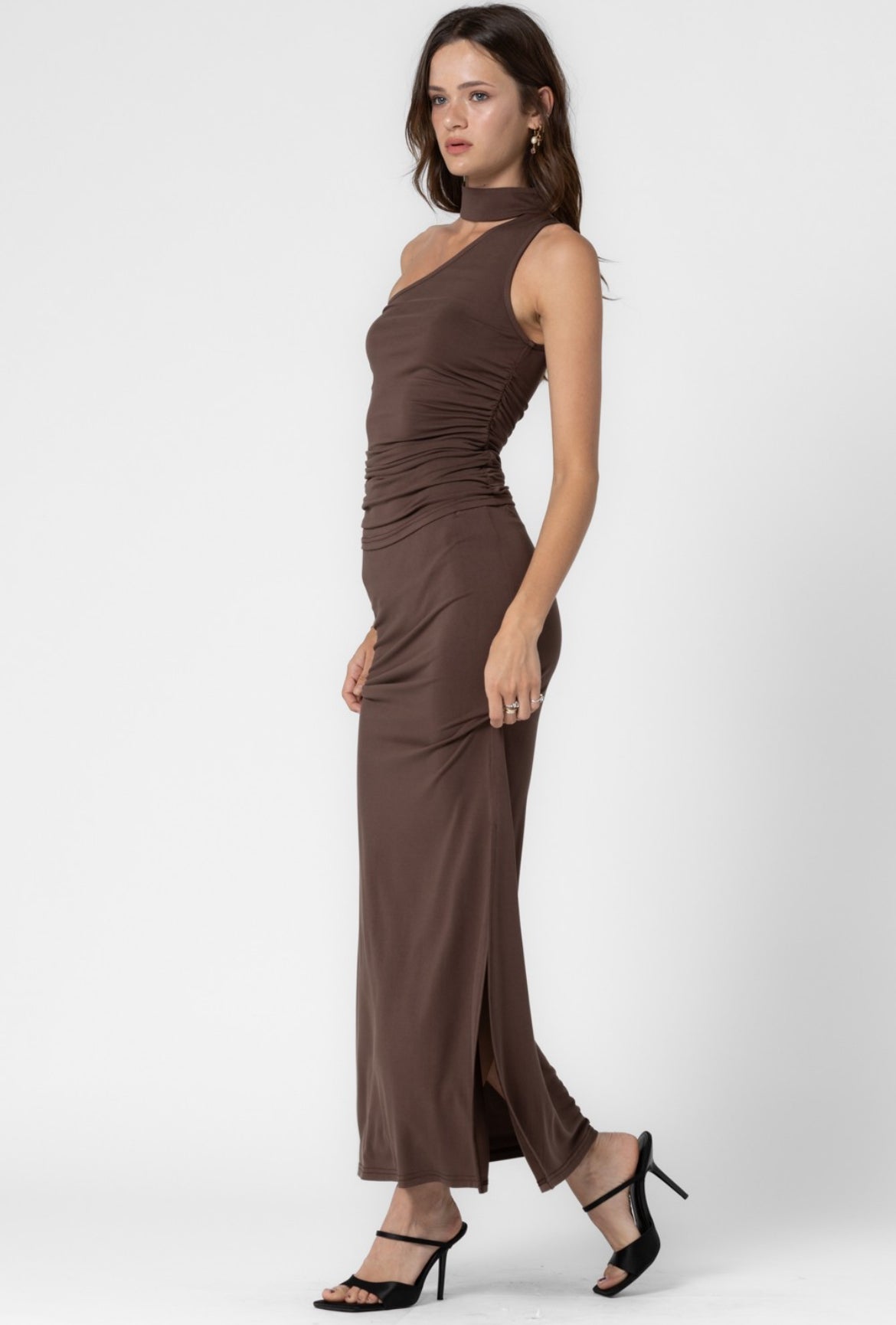 Mock Neck Top and Long Skirt Set in Brown