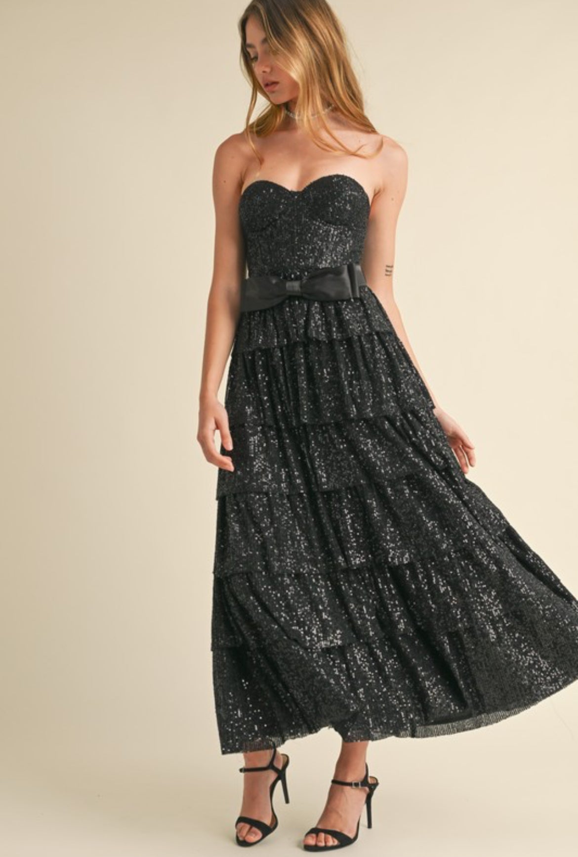 Strapless Sequin Ruffle Dress in Black