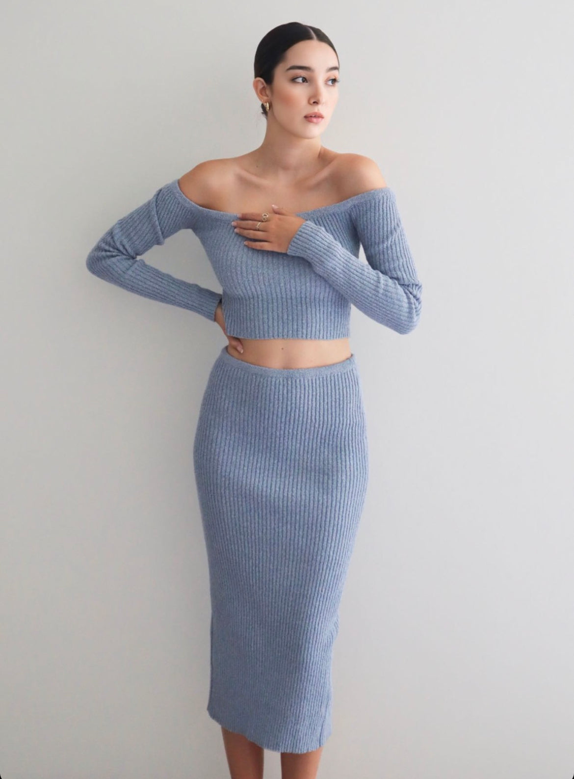 Off Shoulder Knit Set in Light Blue