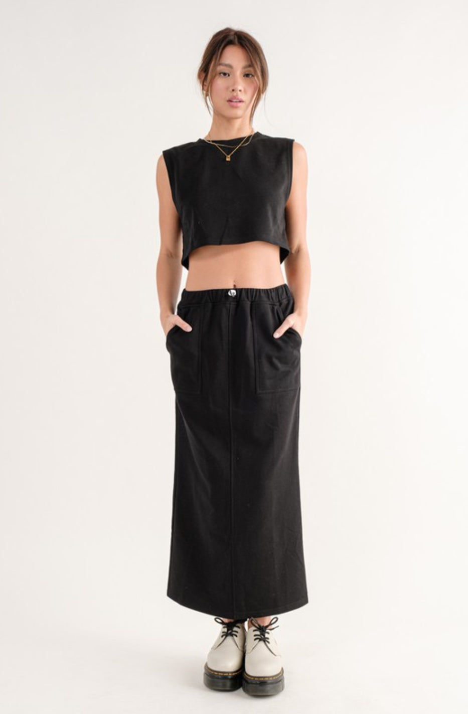 Crop Top and Maxi Skirt Set in Black