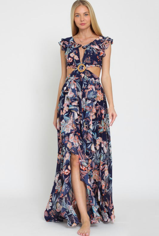 Ruffle Slit Cut Out Maxi Dress