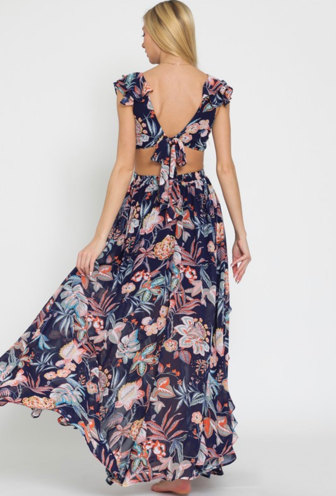 Ruffle Slit Cut Out Maxi Dress