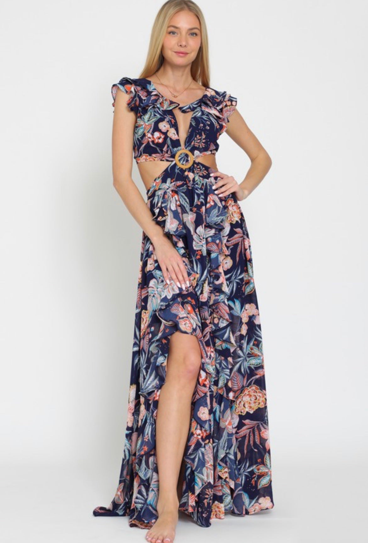 Ruffle Slit Cut Out Maxi Dress