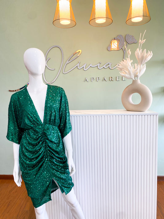 V-Neck Sequin Dress in Hunter Green