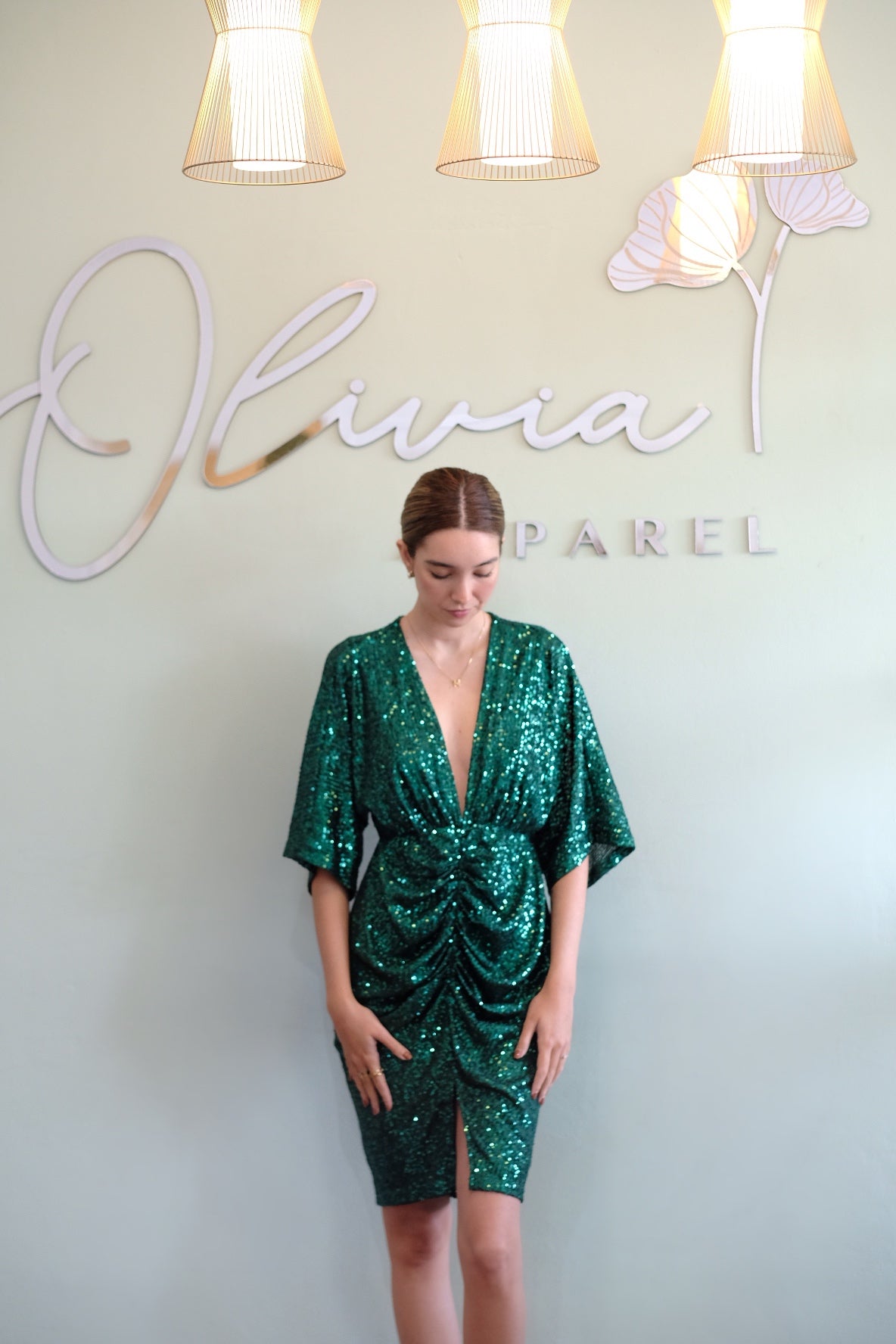 V-Neck Sequin Dress in Hunter Green