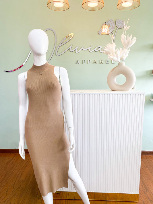 Turtleneck Midi Dress in Dark Beige