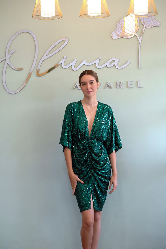 V-Neck Sequin Dress in Hunter Green